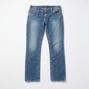 SILVER JEANS Suki Mid Straight Joga Hybrid Denim Blue Knit Flex Curvy Jean 34